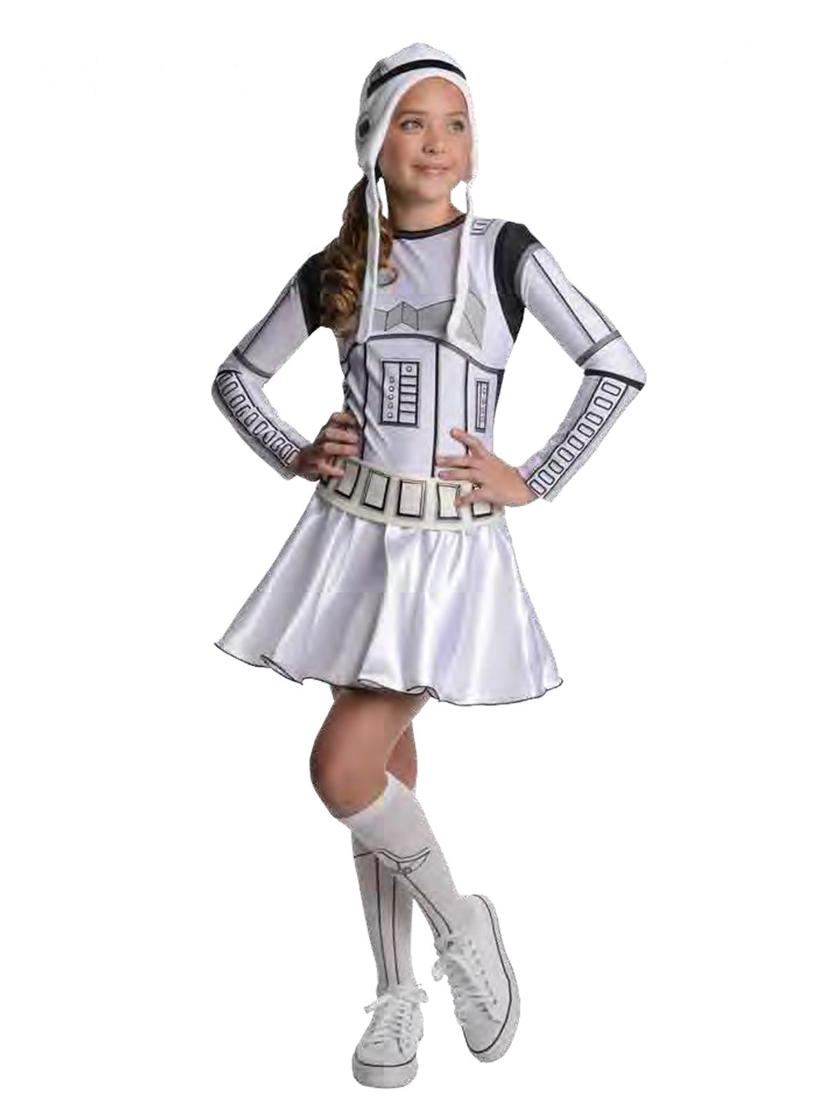 Girl wearing a white Stormtrooper tutu dress with control panel print, belt, tasselled bonnet and knee socks