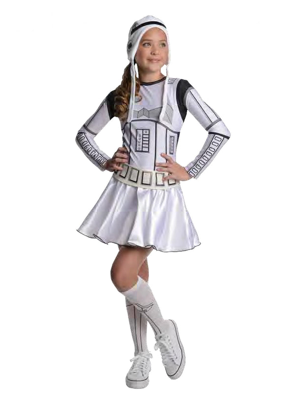 Girl wearing a white Stormtrooper tutu dress with control panel print, belt, tasselled bonnet and knee socks