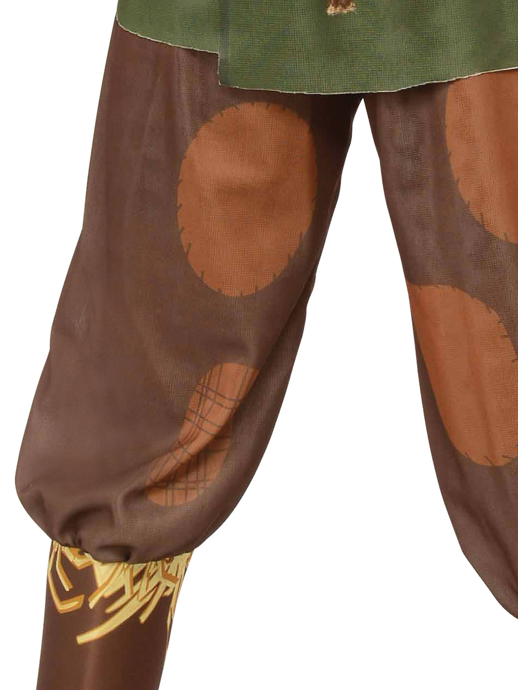 Close-up of the Scarecrow pants' printed patches and straw-print boot tops