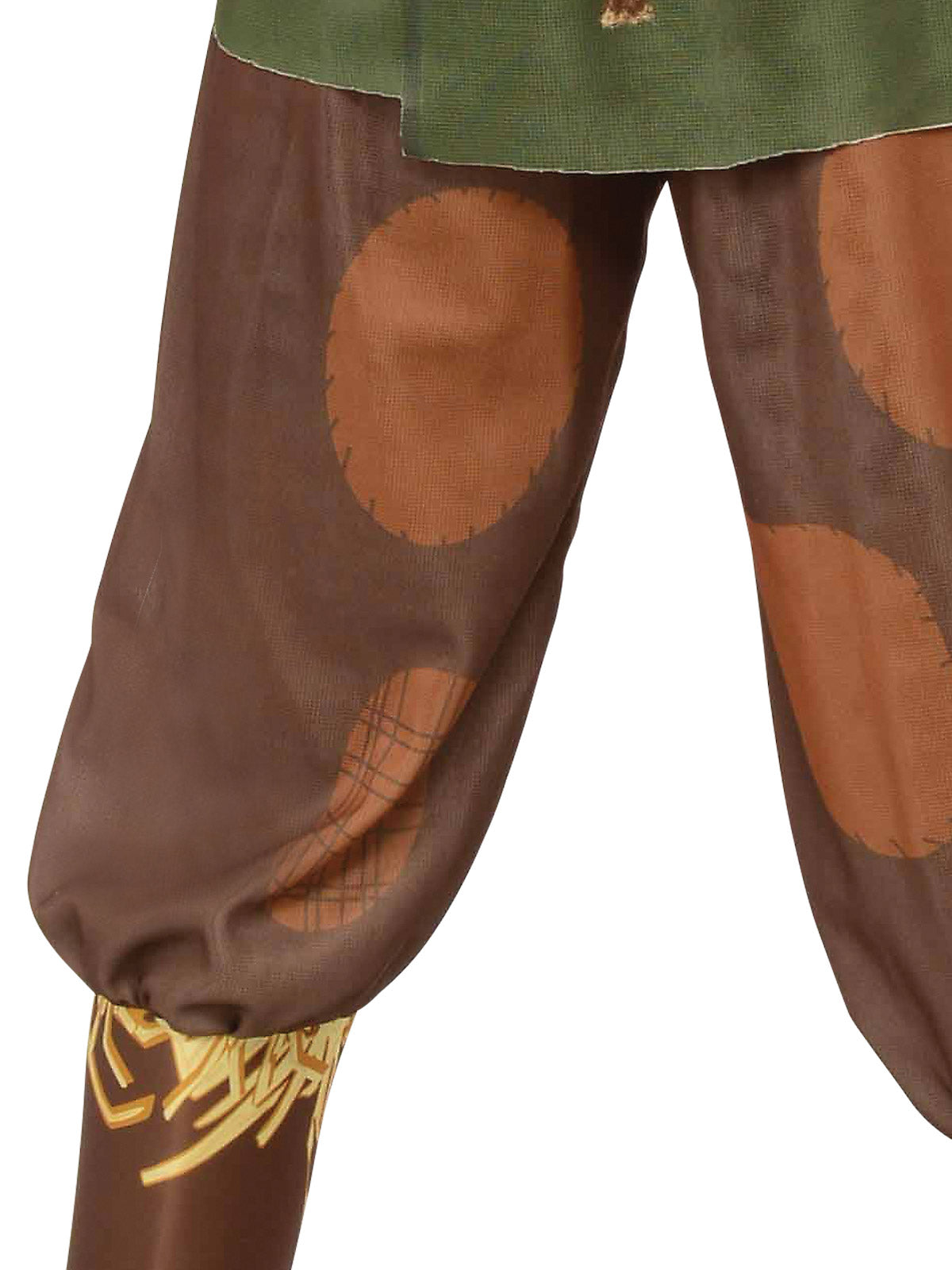 Close-up of the Scarecrow pants' printed patches and straw-print boot tops