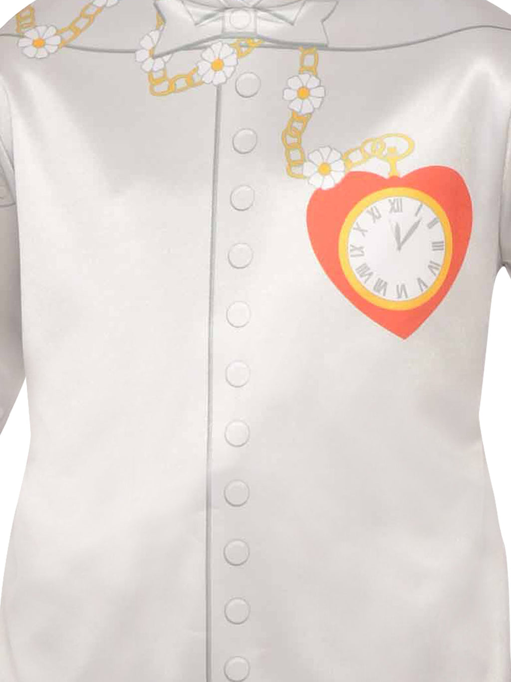 Close-up of the Tin Man top's printed buttons, flower chain and red heart clock