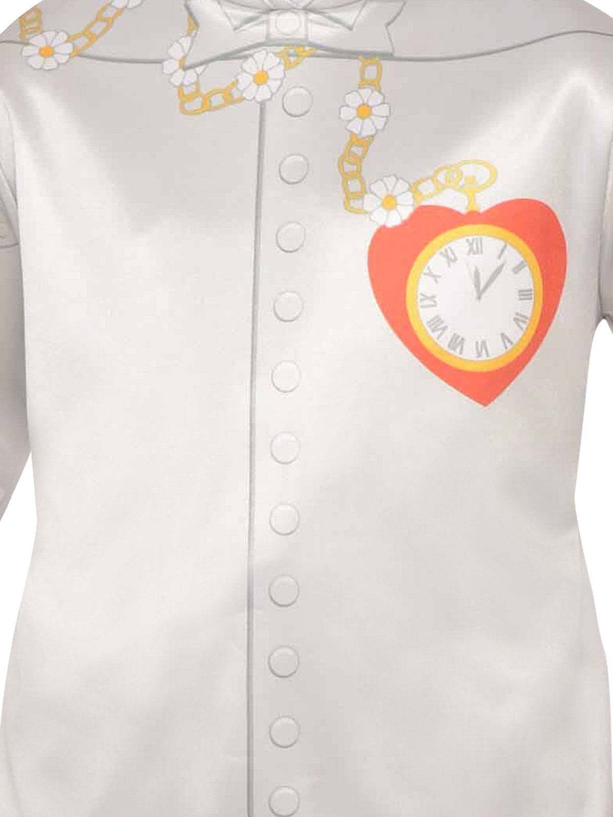 Close-up of the Tin Man top's printed buttons, flower chain and red heart clock