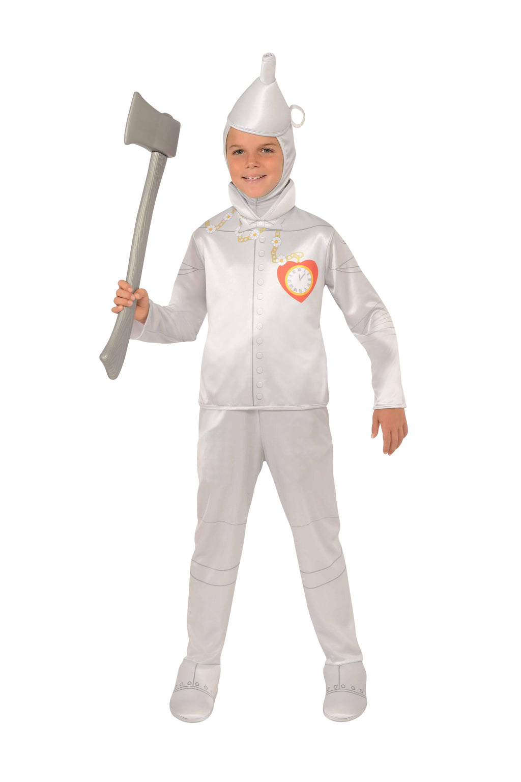 Boy wearing a silver Tin Man costume with printed heart clock top, boot-top pants and funnel hat hood