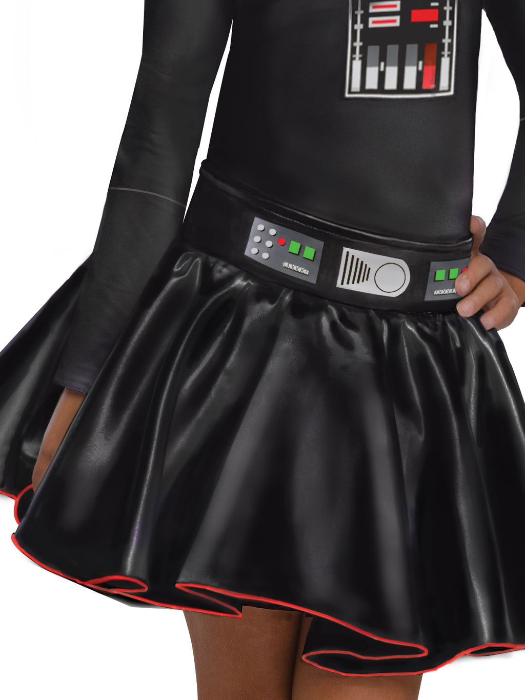 Close-up of the Darth Vader dress's black satin skirt with red trim and printed belt