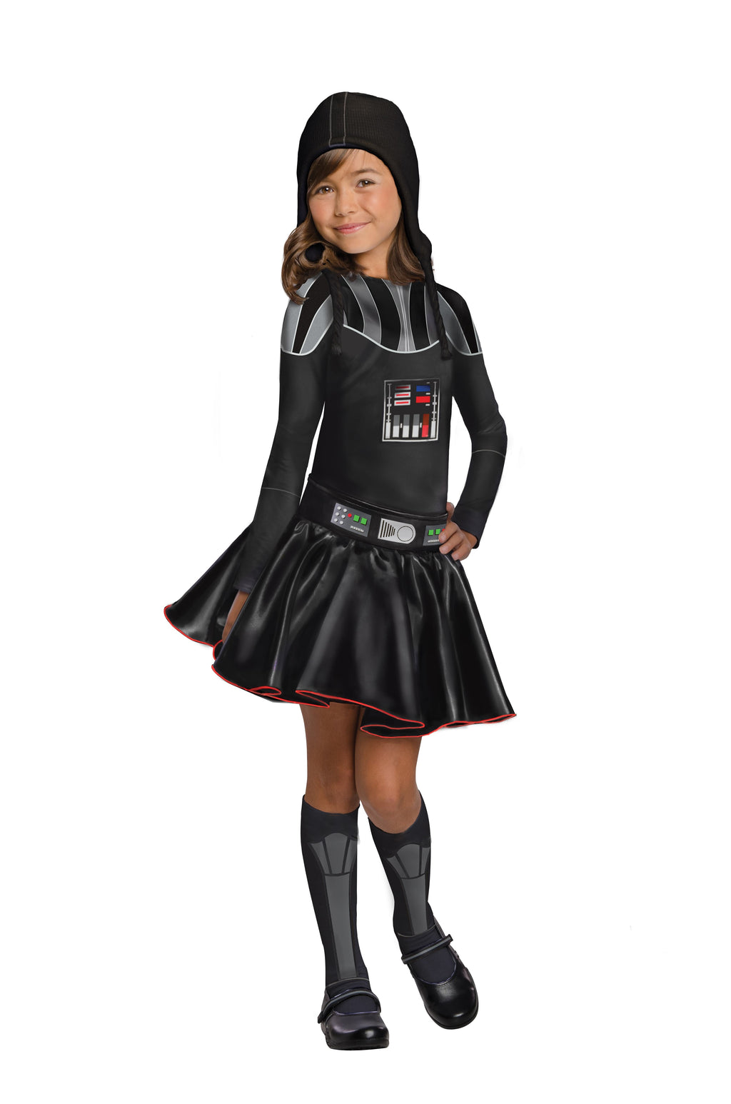 Girl in Darth Vader dress with printed control panel, black skater skirt, belt and printed stockings