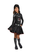 Girl in Darth Vader dress with printed control panel, black skater skirt, belt and printed stockings