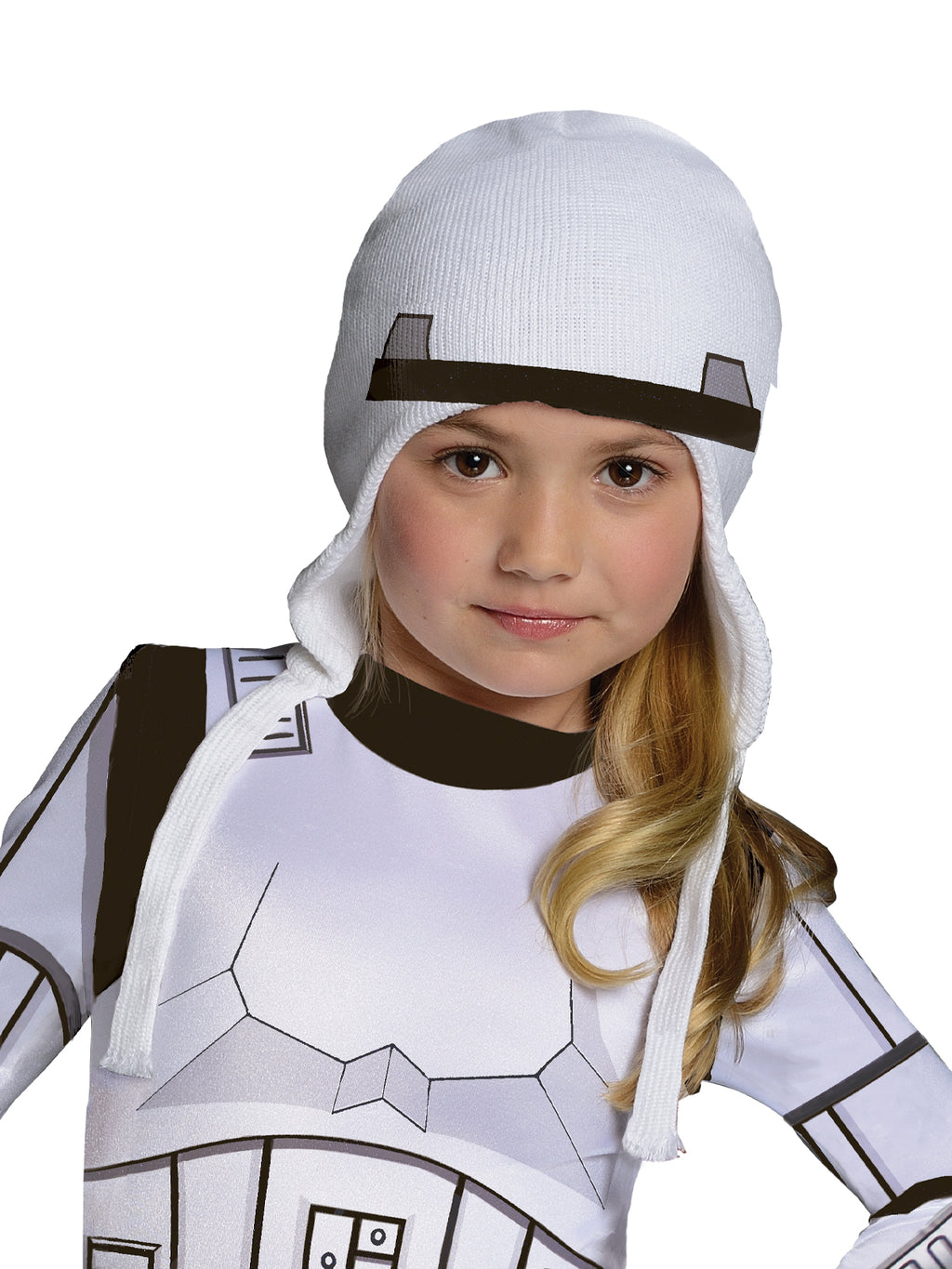 Close-up of the Stormtrooper tutu costume's knitted-style bonnet with ear flaps and tassels