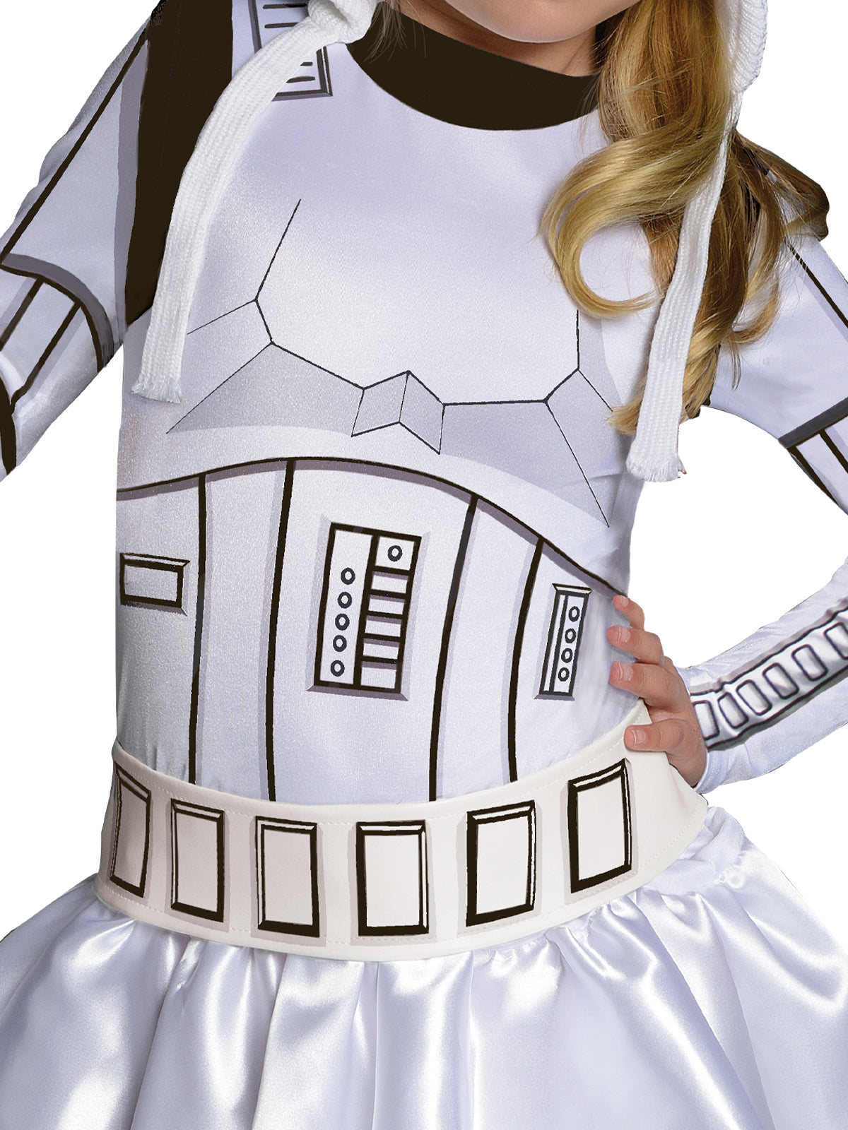 Close-up of the Stormtrooper tutu dress's printed control panel bodice and foam-backed belt