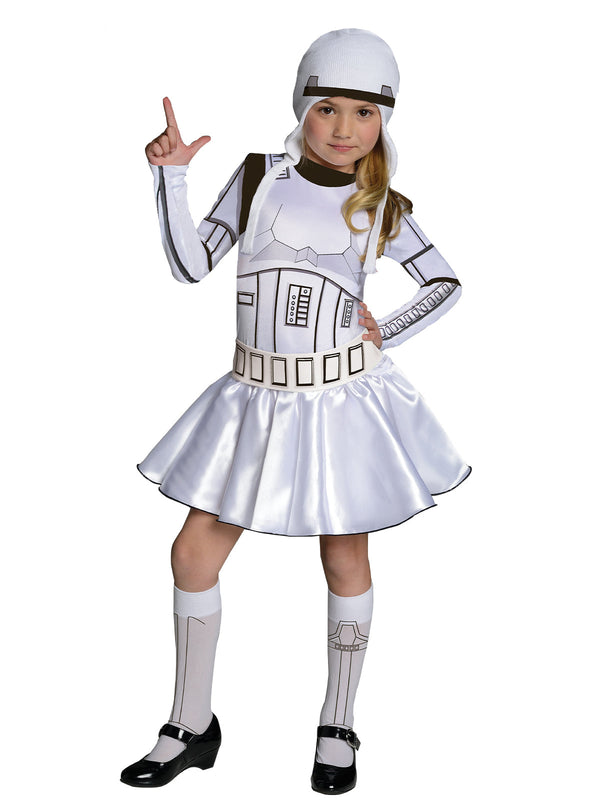 Girl wearing a white Stormtrooper tutu dress with printed armour, belt, tasselled bonnet and printed knee socks