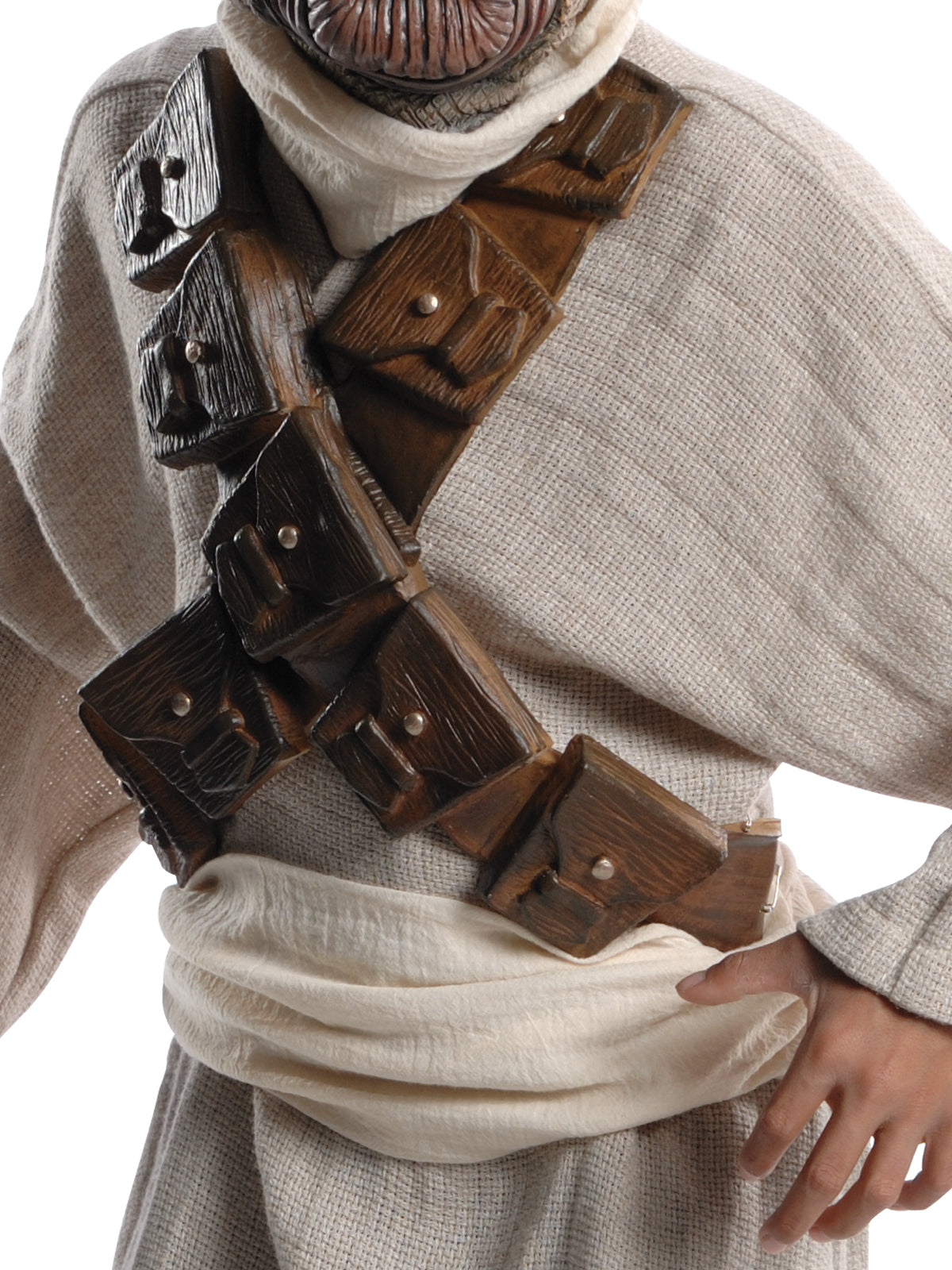 Close-up of the Tusken Raider robe's leather-look double bandolier straps and cream waistband