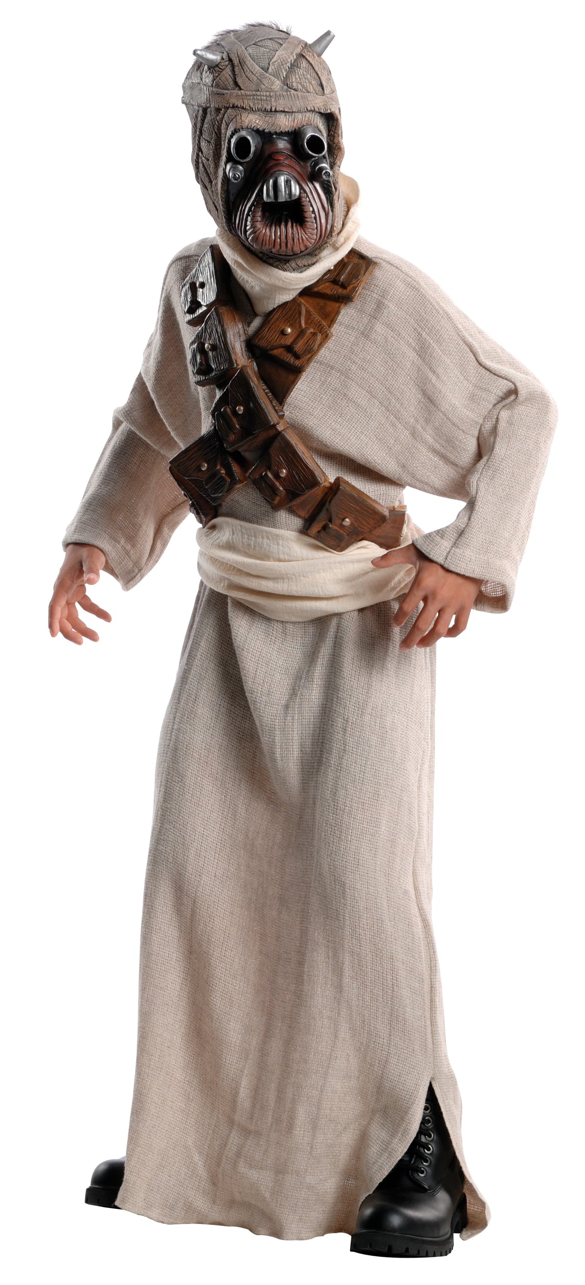 Child in a Tusken Raider costume with cream hessian-look robe, leather-look bandoliers and moulded mask