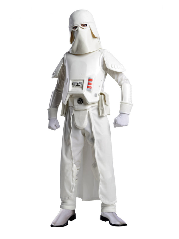 Child in a white Snowtrooper jumpsuit with moulded armour, hooded mask, white gloves and pouch belt
