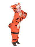Toddler in the plush Tigger jumpsuit with an orange and black striped body and hooded head