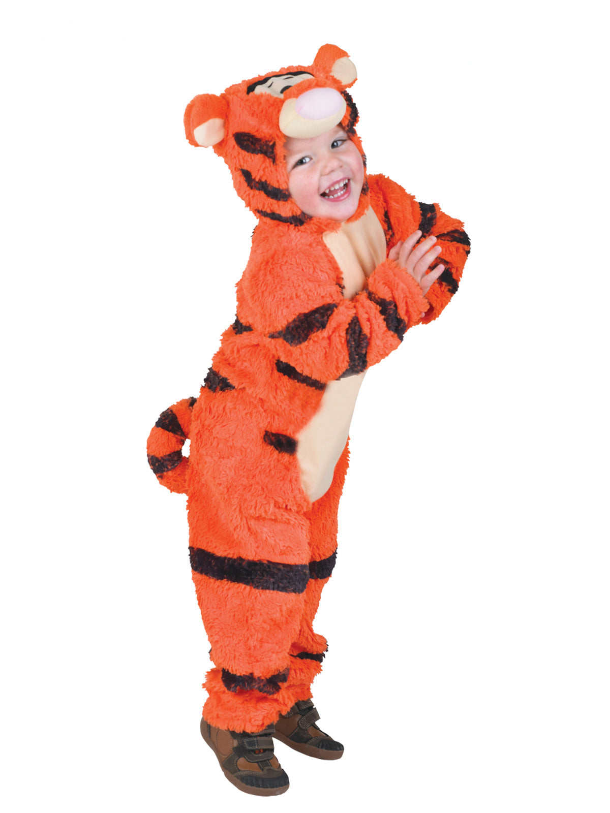Toddler in the plush Tigger jumpsuit with an orange and black striped body and hooded head