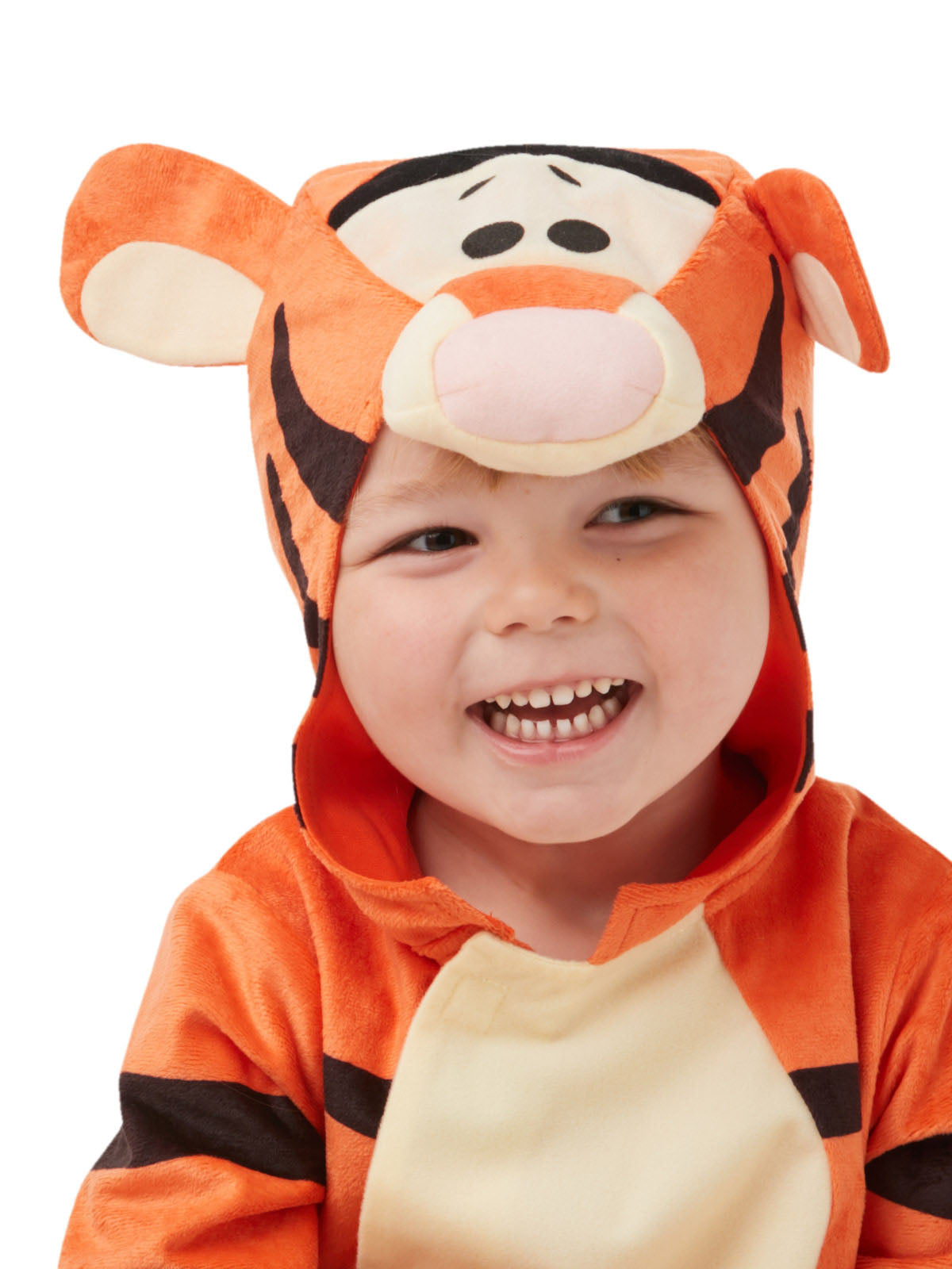 Close-up of a smiling toddler in the Tigger hood with 3D nose and ears