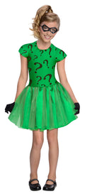 Girl wearing a green Riddler tutu dress with question mark print bodice, tulle skirt, eye mask and black gloves