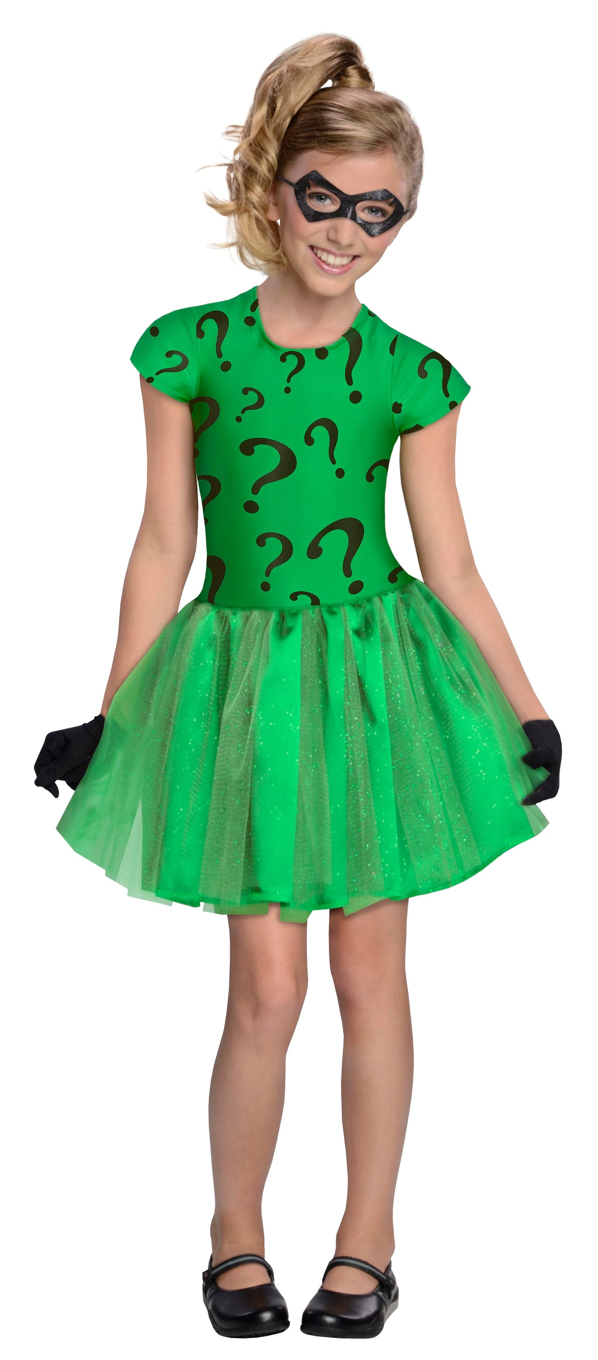 Girl wearing a green Riddler tutu dress with question mark print bodice, tulle skirt, eye mask and black gloves