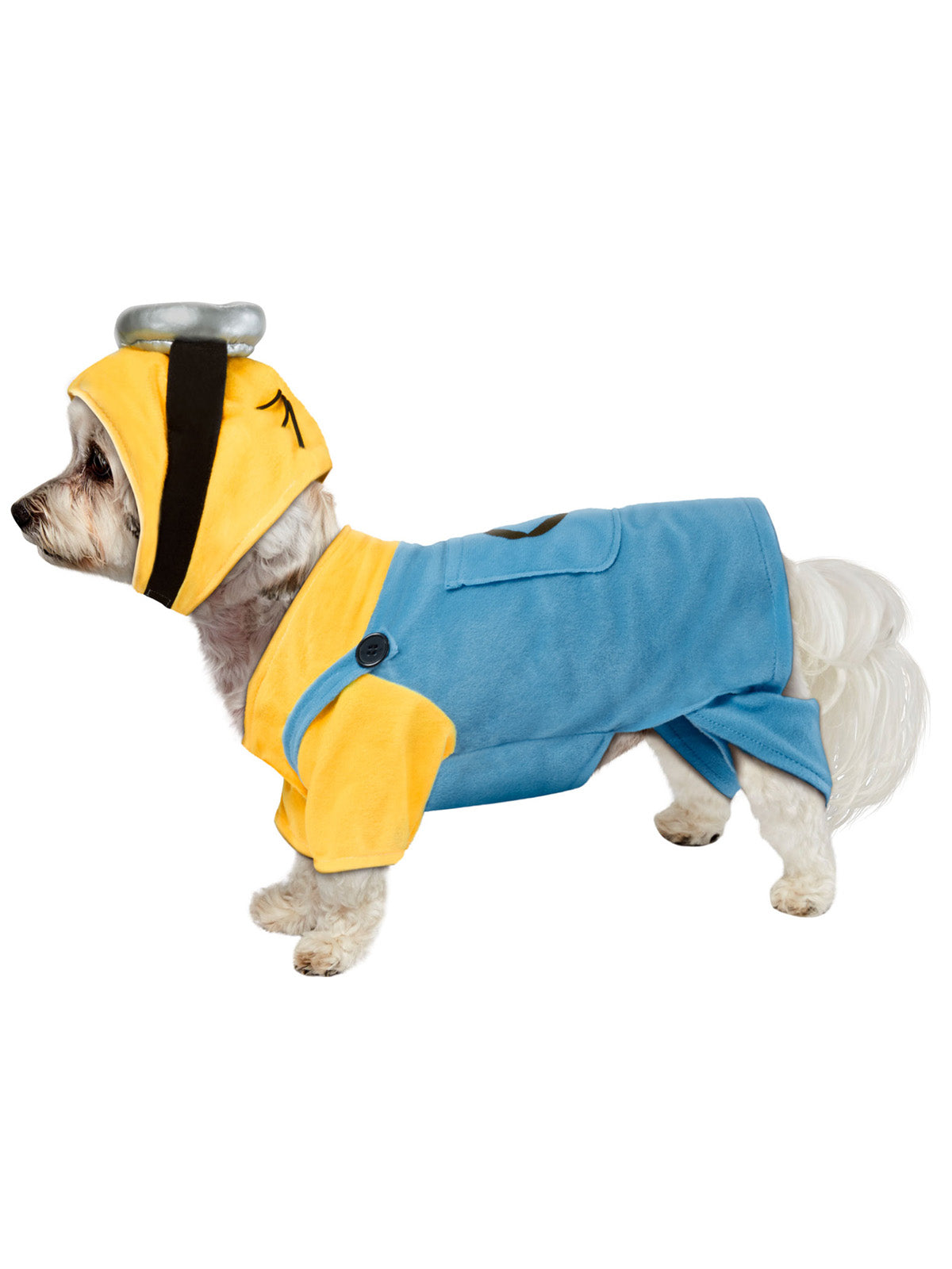 Side view of a dog wearing the Minion pet costume and goggles headpiece