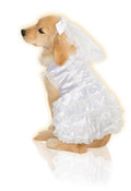 Puppy wearing the white satin bride pet costume with lacy skirt and sheer veil