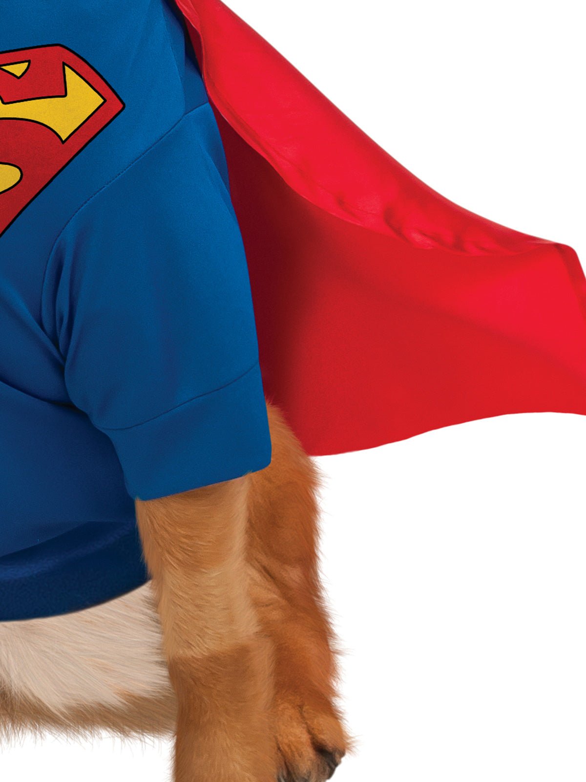 Close-up of the Superman pet shirt emblem and red satin cape
