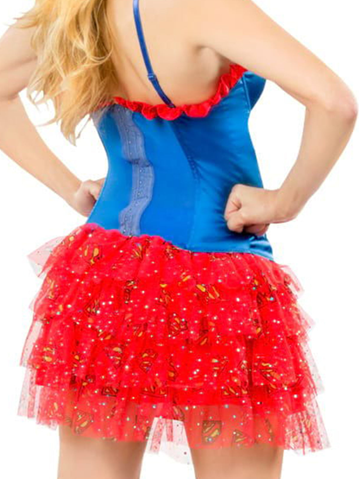 Close-up back view of the red tulle Supergirl tutu skirt