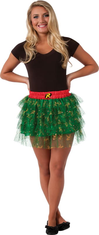 Woman wearing the Robin tutu skirt, green glitter tulle layers with red logo waistband