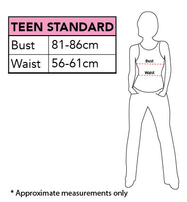 Size chart for the Harley Quinn Skirt With Sequins, Teen