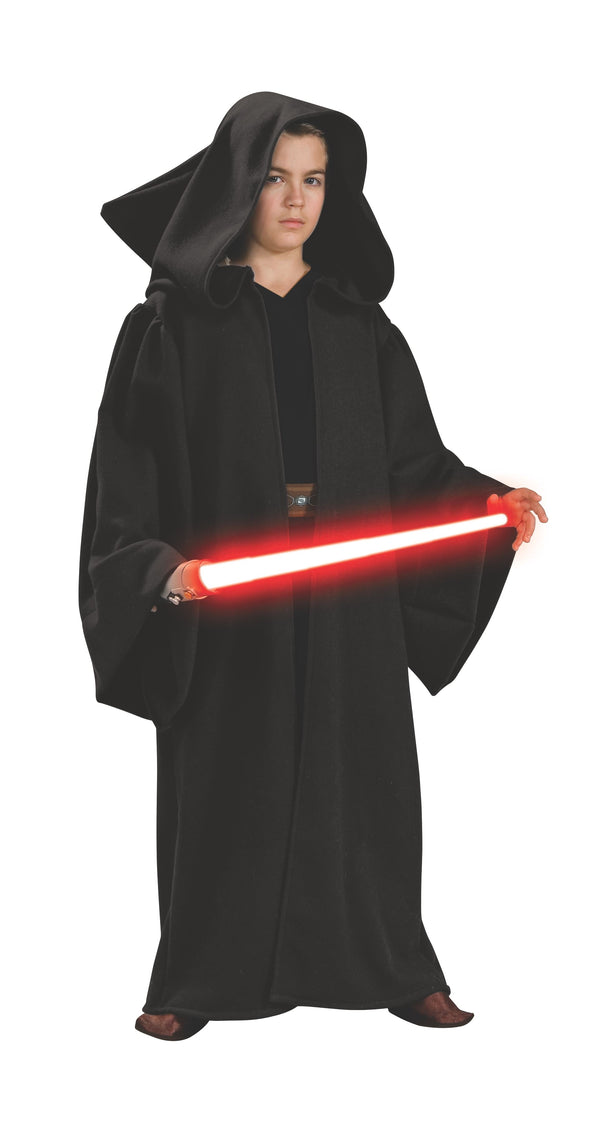 Child in a long black Sith hooded robe with wide trumpet sleeves