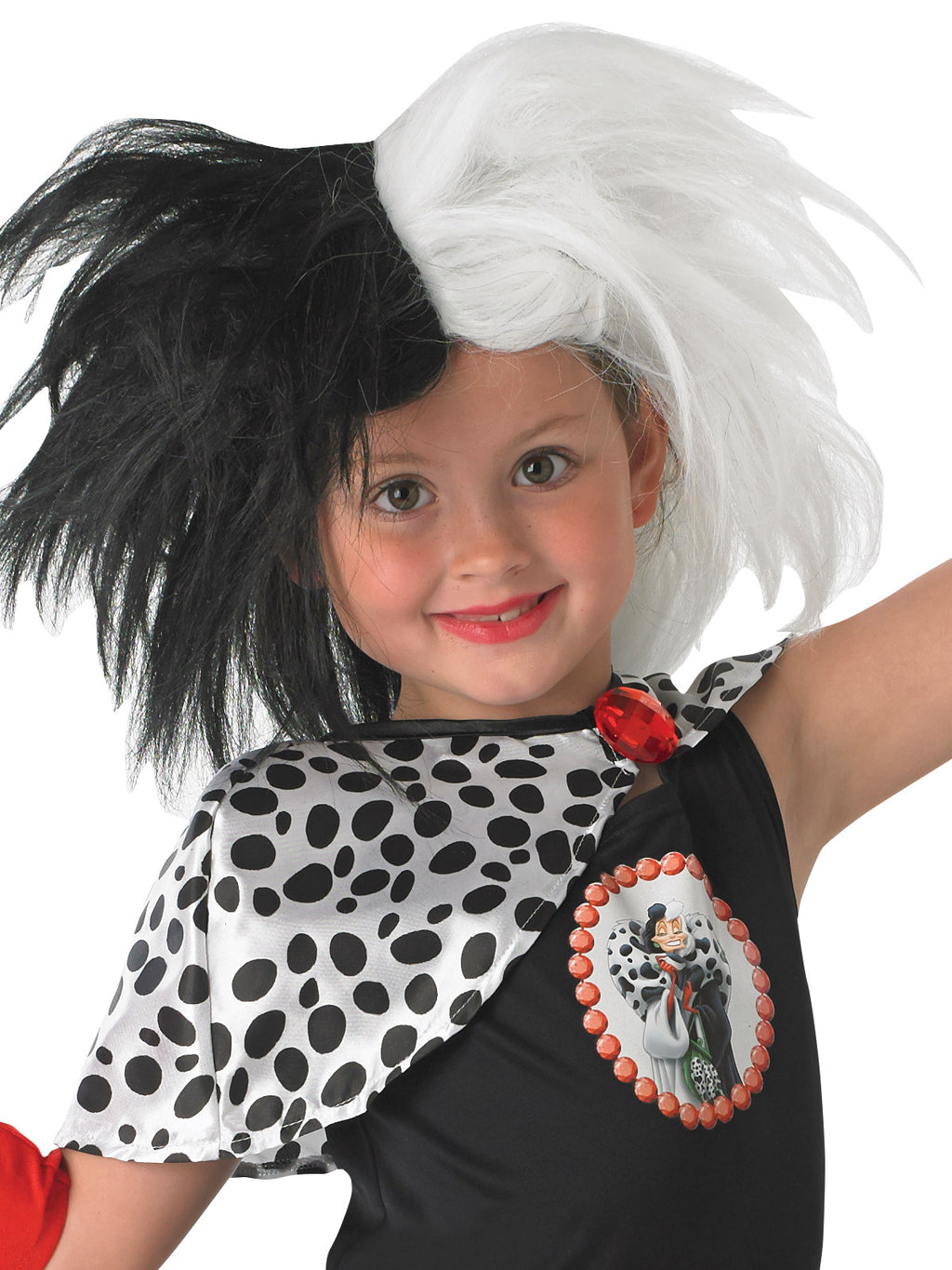 Close-up of the Cruella de Vil spotted capelet with faux ruby jewel and character print bodice