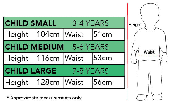 Size chart for the Cruella De Vil Deluxe Costume, Child
