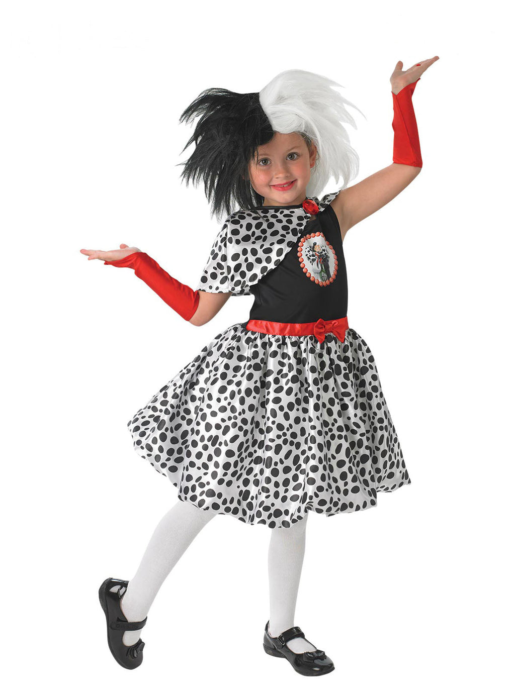 Girl in Cruella de Vil dress with spotted skirt, character print bodice, capelet and red glovelets