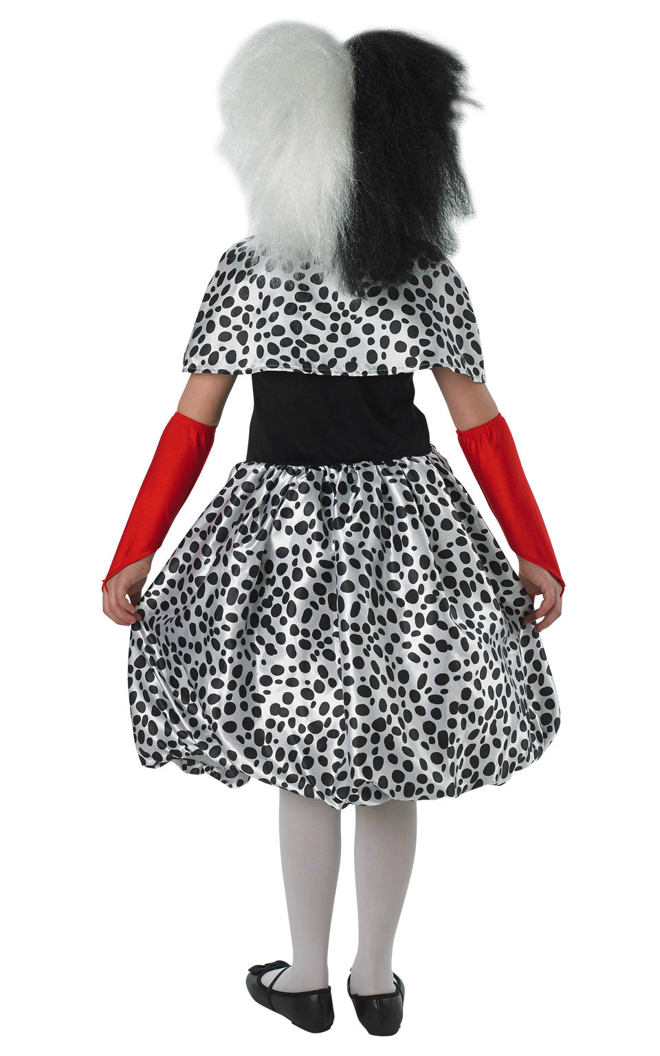 Back view of the Cruella de Vil dress with black and white spotted skirt and red glovelets