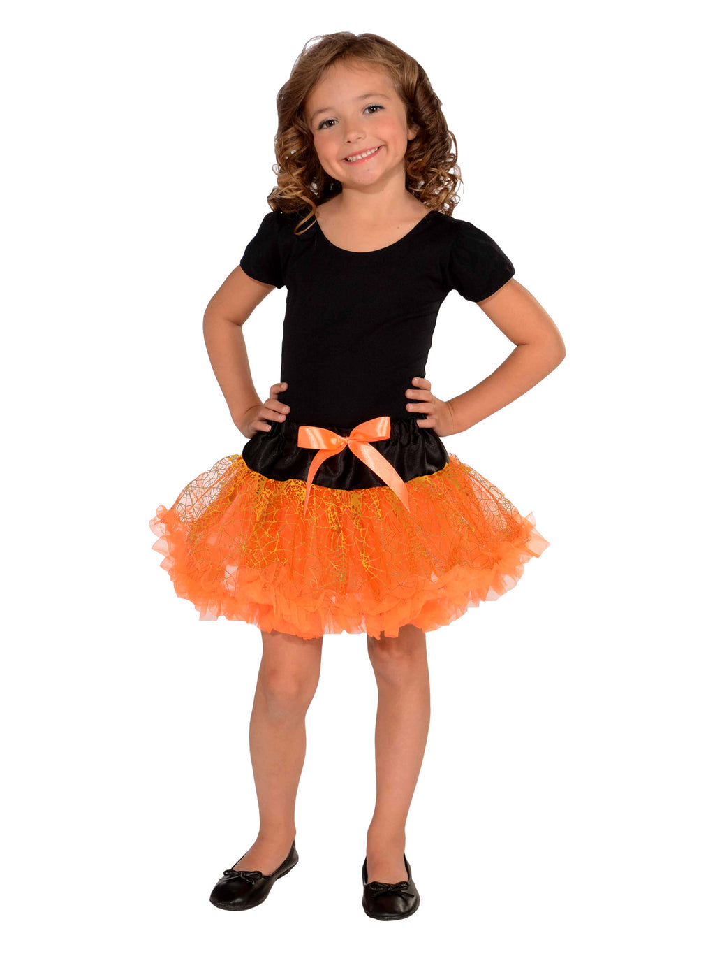 Girl wearing the orange Halloween Tutu Skirt with a gold spider web print and black satin waistband and bow