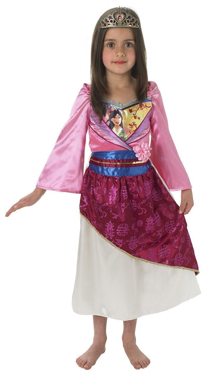 Girl in the Disney Mulan Shimmer Deluxe dress with pink sleeves, blue sash, magenta overskirt and tiara