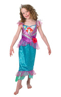 Girl in Ariel shimmer dress with purple bodice, red flower, teal glitter skirt and lilac tulle peplum