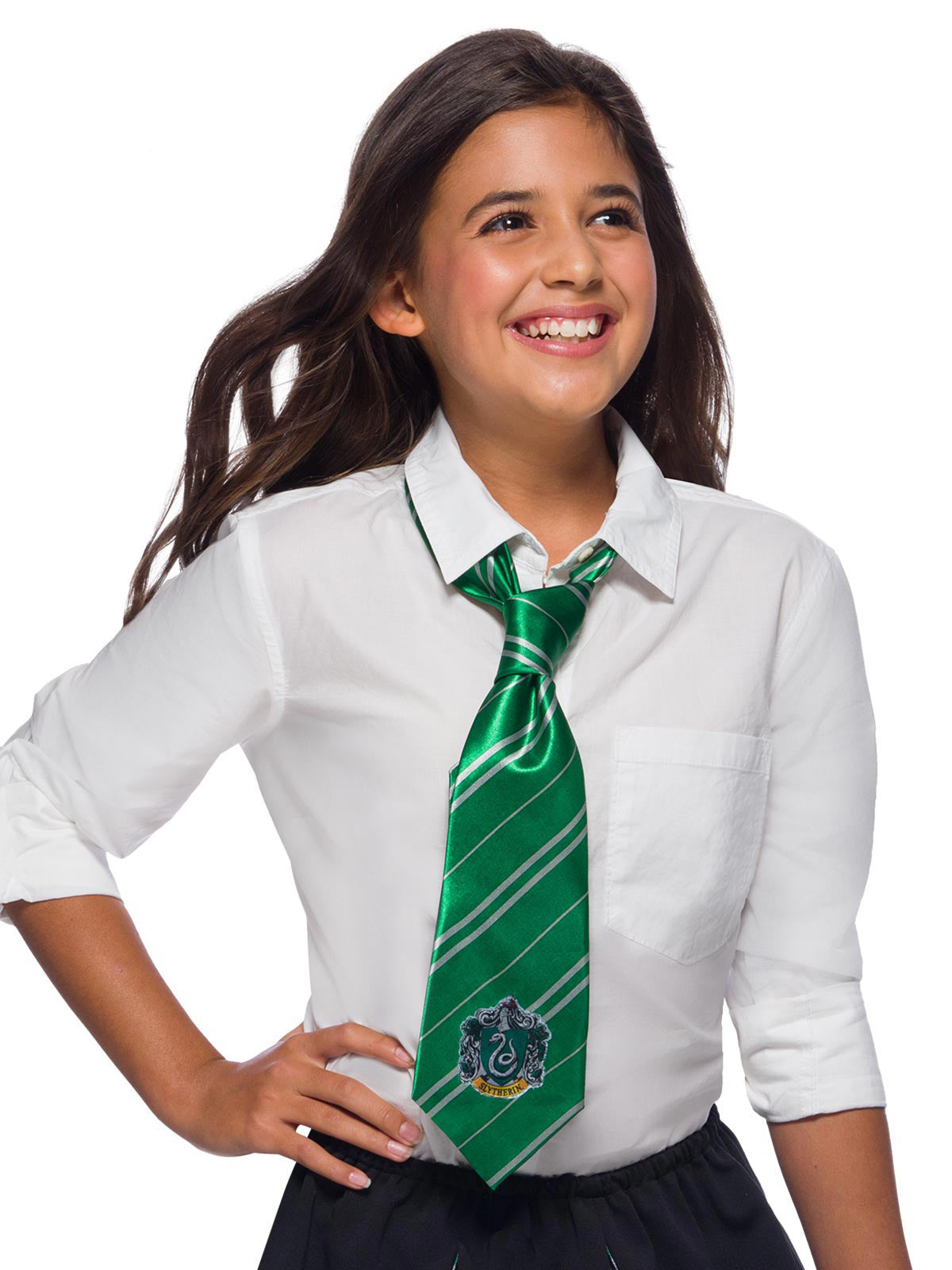 Girl wearing the green and silver striped Slytherin tie