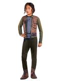 Girl in the Star Wars Rogue One Jyn Erso Classic jumpsuit with a printed jacket, green pants and boot tops