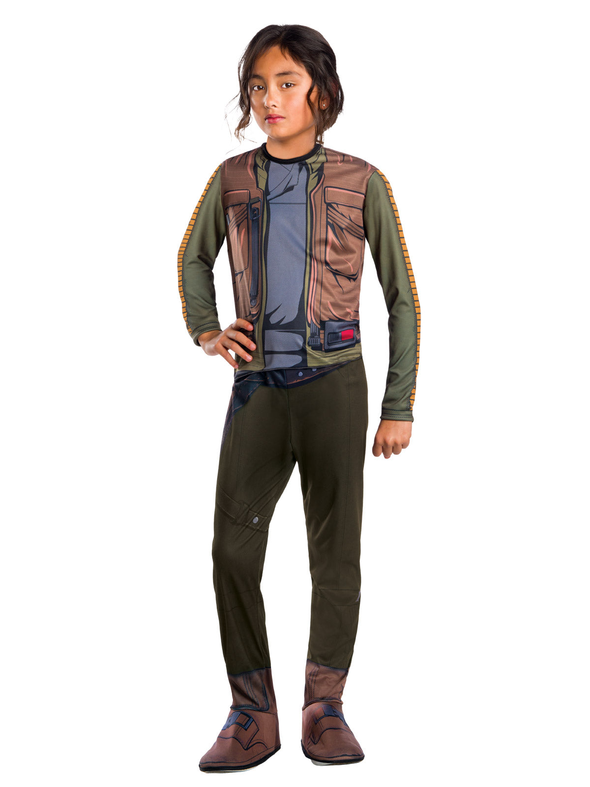 Girl in the Star Wars Rogue One Jyn Erso Classic jumpsuit with a printed jacket, green pants and boot tops
