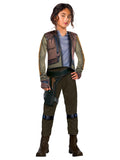 Girl in the Star Wars Rogue One Jyn Erso Deluxe costume with a padded jacket, blue shirt, cargo pants and holster belt