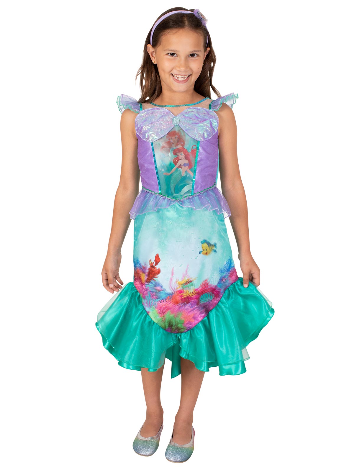 Girl in Ariel premium dress with lilac bodice, under-water print skirt, teal ruffle hem and headband