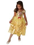 Girl wearing a yellow Belle Sequin dress with character art bodice, gold collar, red bow and pinched-stitch skirt