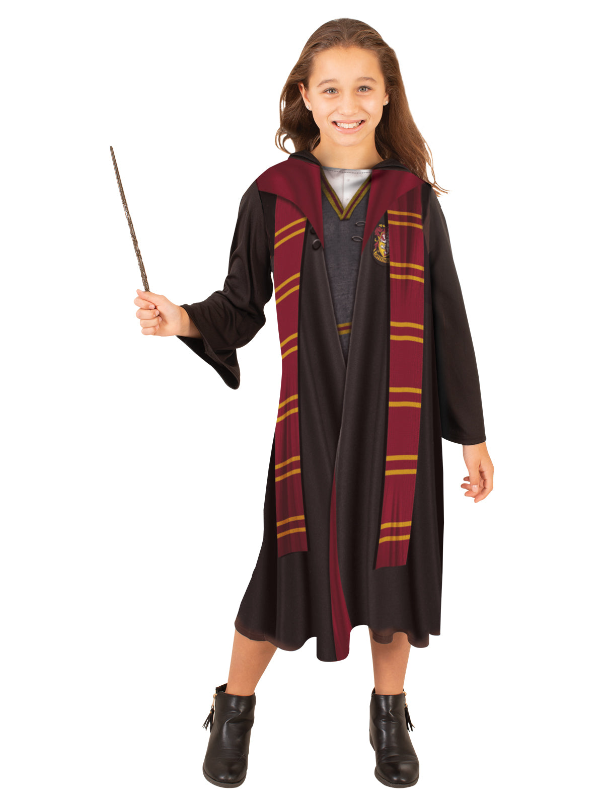 Girl in the Harry Potter Hermione hooded robe, black with a burgundy and gold striped lining