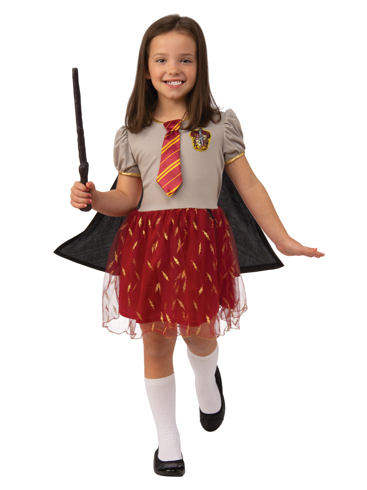 Girl in the Harry Potter Gryffindor tutu dress with a grey top, striped tie, red glitter skirt and black cape