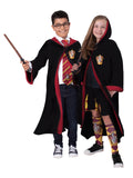 Boy and girl in the Harry Potter Gryffindor hooded robe, black with red lining and House crest