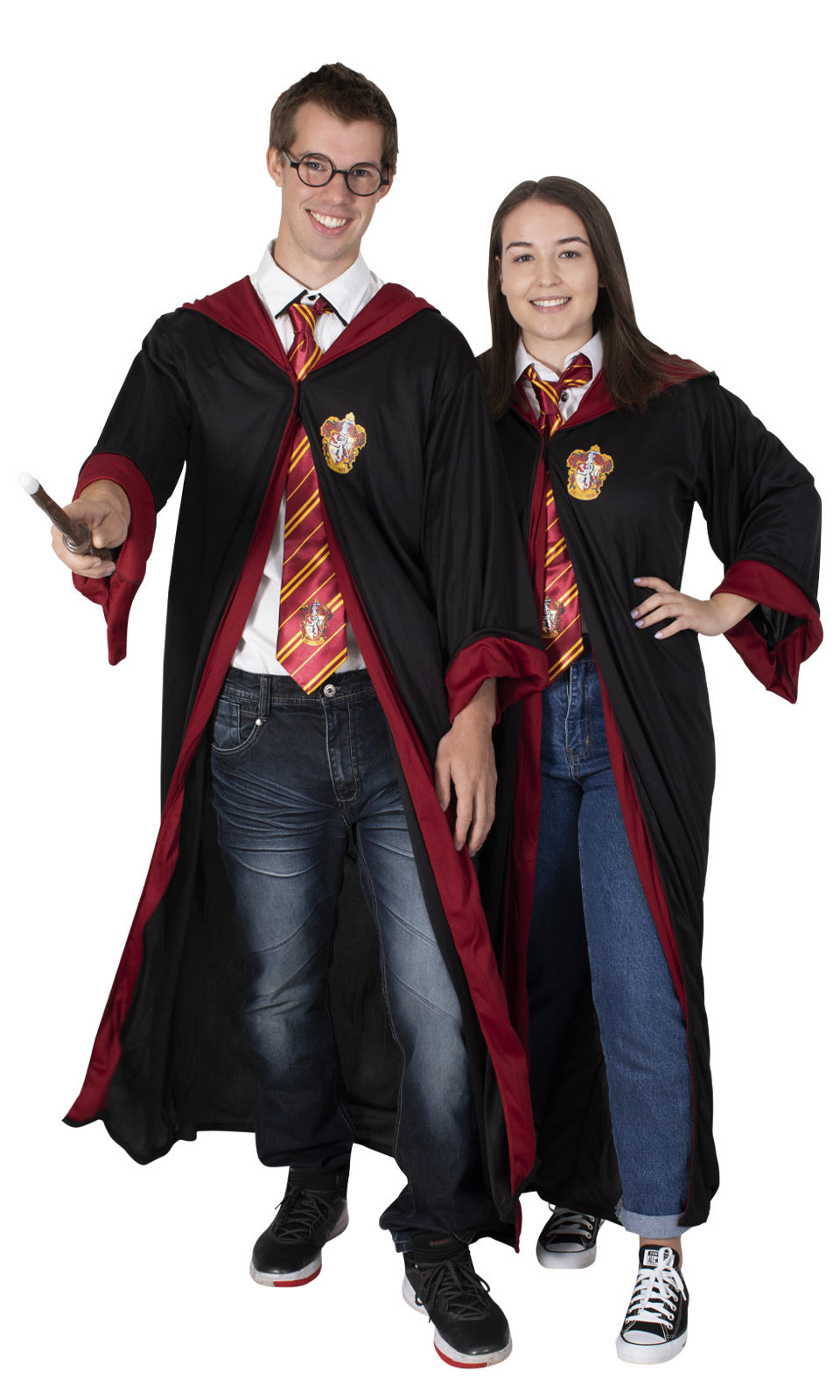 Couple wearing Harry Potter Gryffindor robes