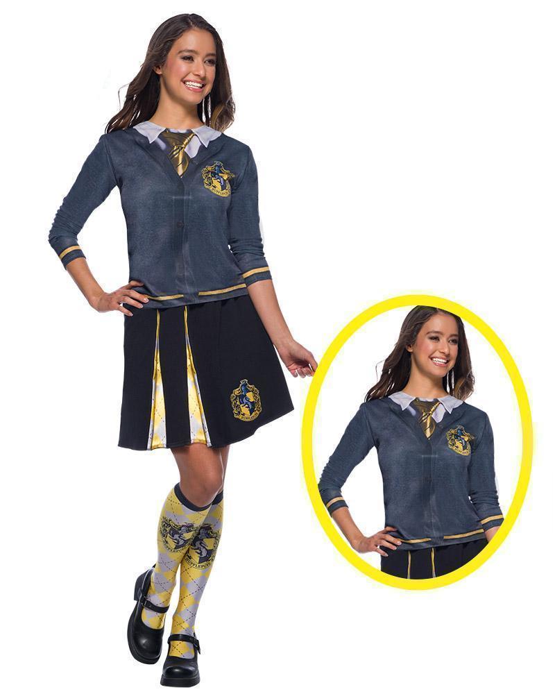 Printed Hufflepuff costume top with cardigan and tie design, teen and adult size