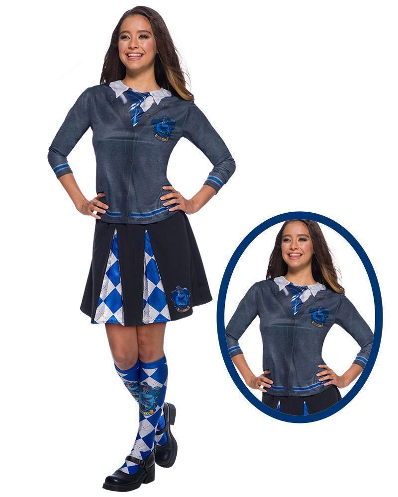 Woman wearing the printed Ravenclaw costume top with cardigan and tie design