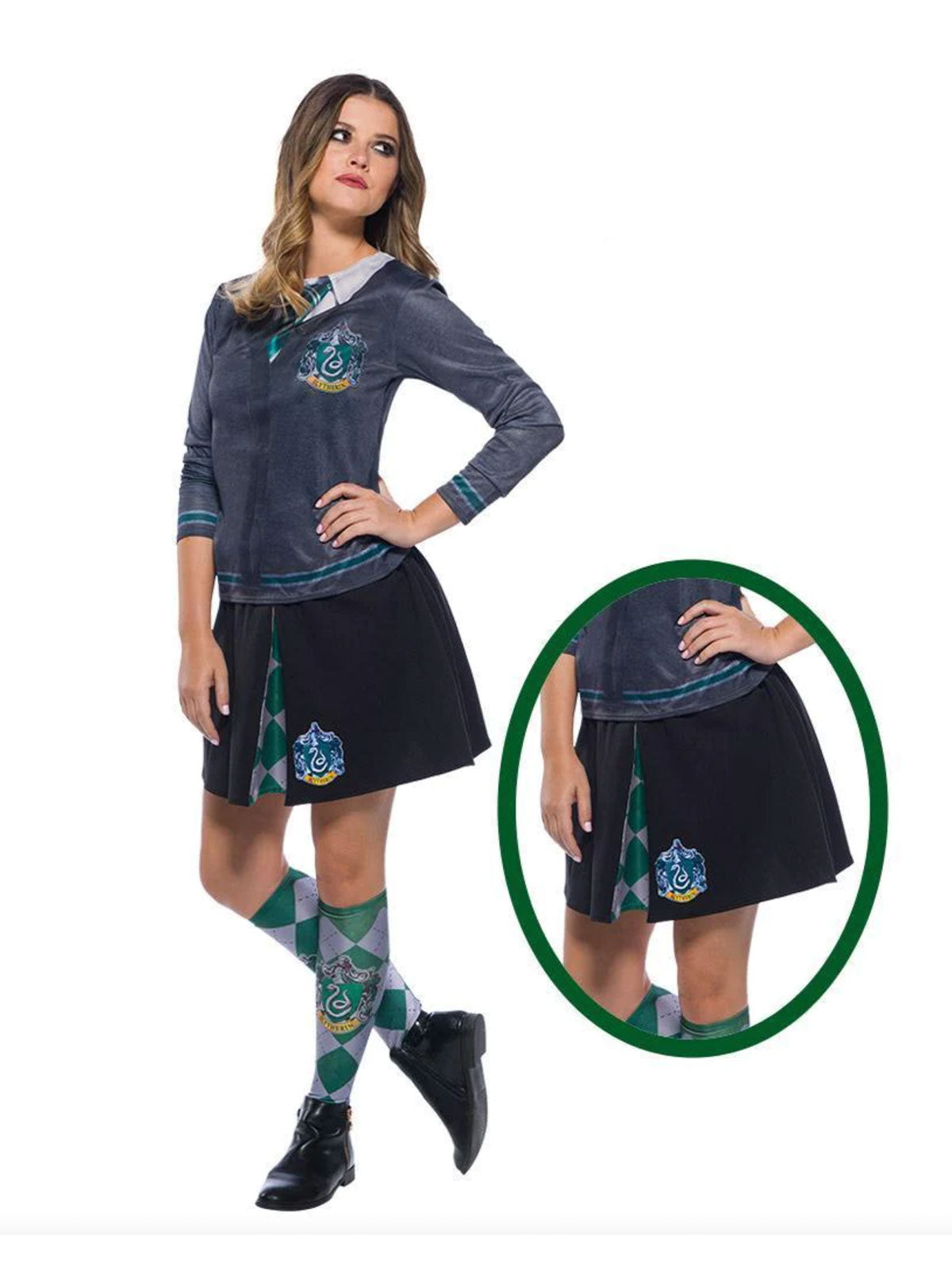 Woman wearing the Slytherin skirt with green and silver inset panels, teen and adult size
