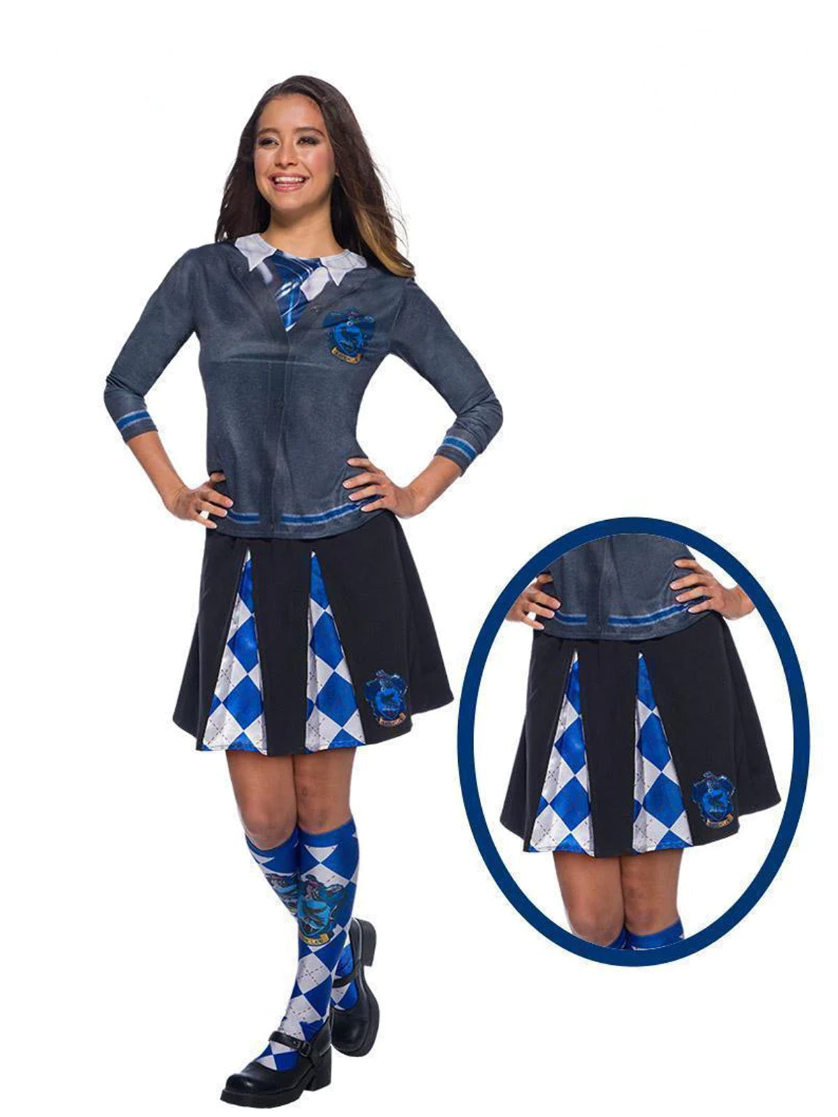 Woman wearing the Ravenclaw skirt with blue and white diamond inset panels