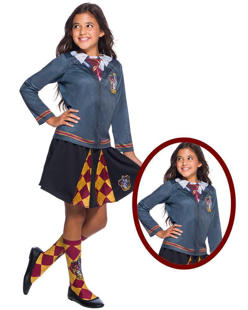 Girl wearing the printed Gryffindor costume top with cardigan and tie design